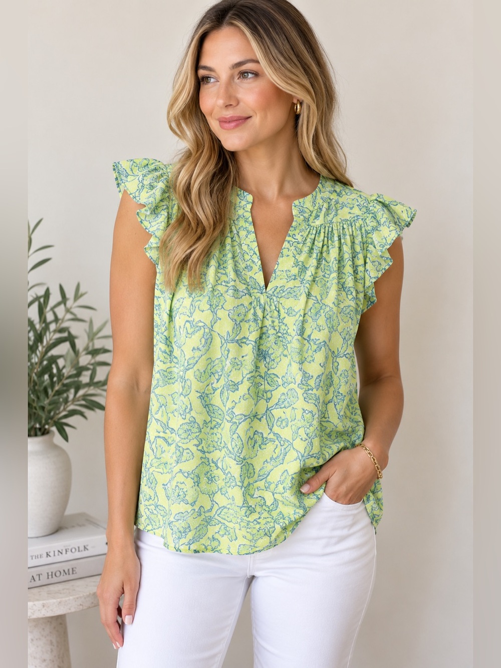 Derek Lam 10 Crosby Size 44 US 12 Green Blue Floral Ruffle Blouse